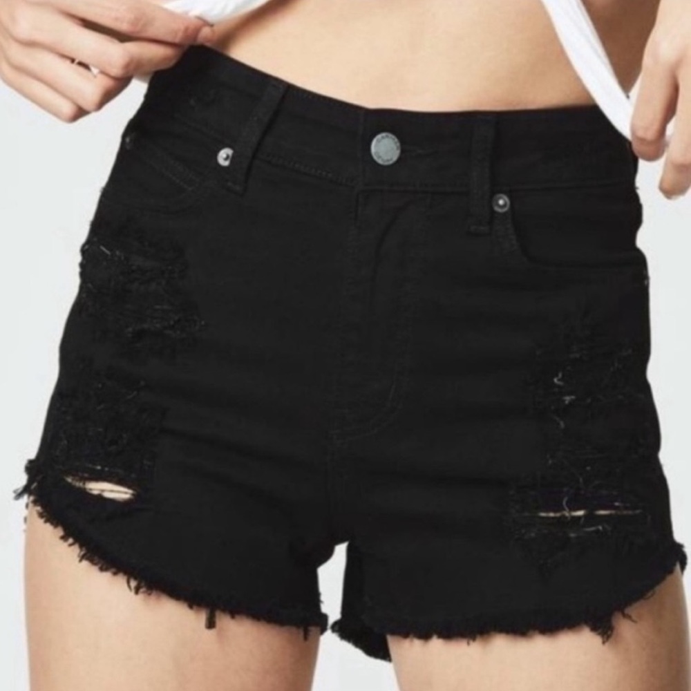 LF Carmar High Waisted Black Distressed Ripped Jean Shorts Curved Hem Denim